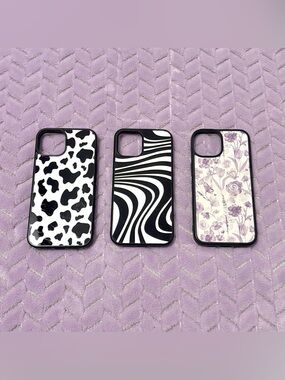 Set of 3 Stylish Black, White & Purple Pattern iPhone 14 Cases